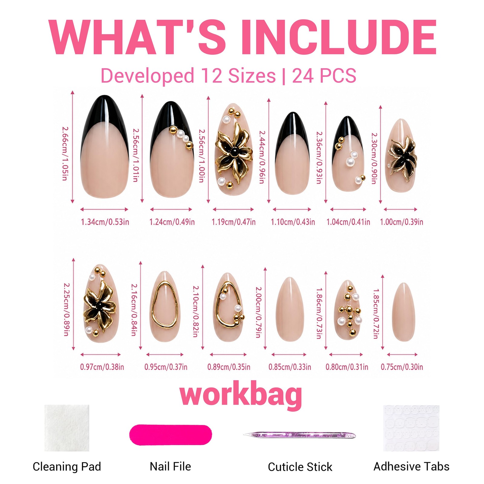 XIXISUNN Medium Almond Press on Nails, Black French Tip with Gold & Pearl
