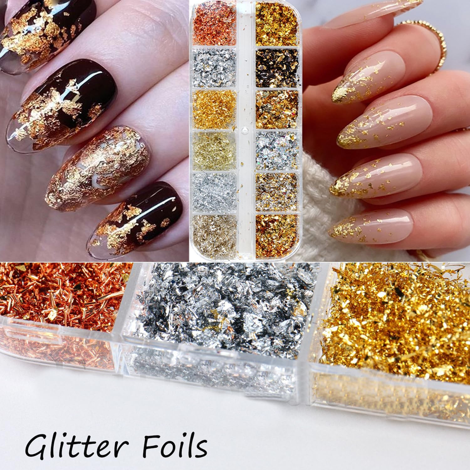 Holographic Nail Glitter Gold Foils for Kit, 12 Grids Sparkly Ultra-Thin Aluminu