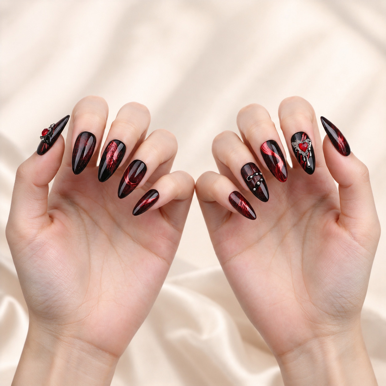 Press On Nails Medium Almond Black Red Cat Eye Rhinestone Gothic Halloween Nails