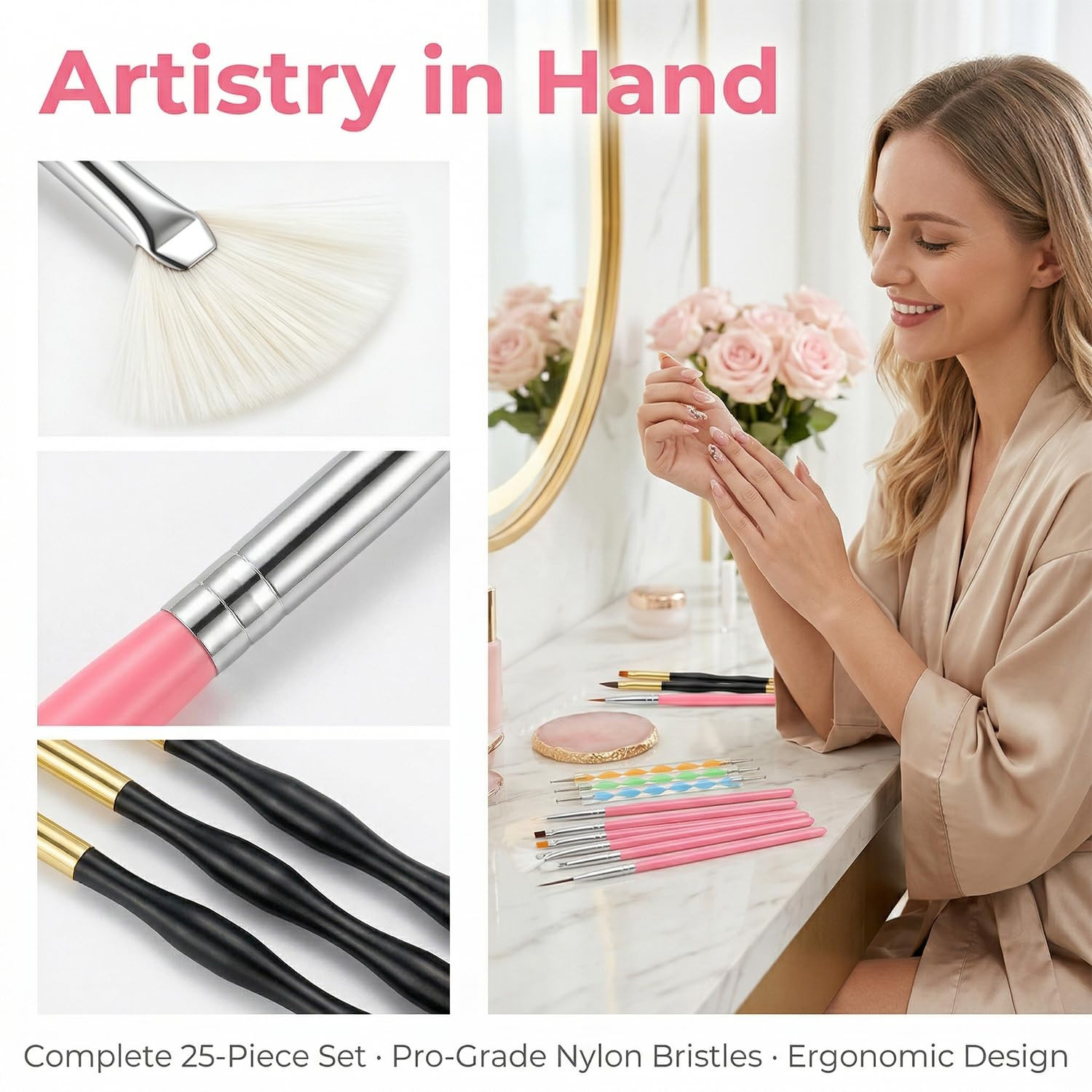 25Pcs Nail Art Tools Set,Nail Art Brushes,Resin Palette and Stand | 2-Way Acryli