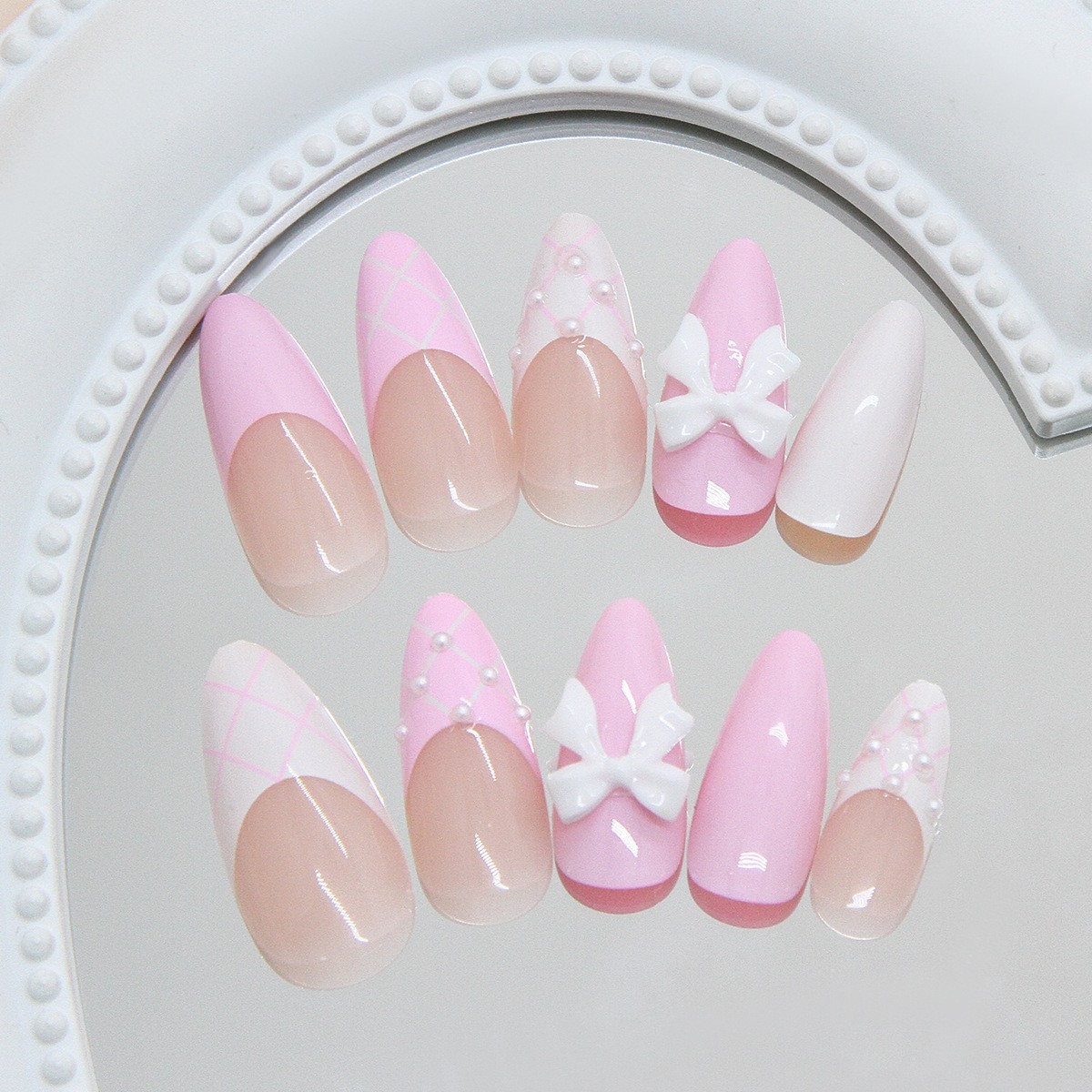 24pcs Pink Bow French Press On Nails – Long Coffin Fake Nail with 3D Lace Design
