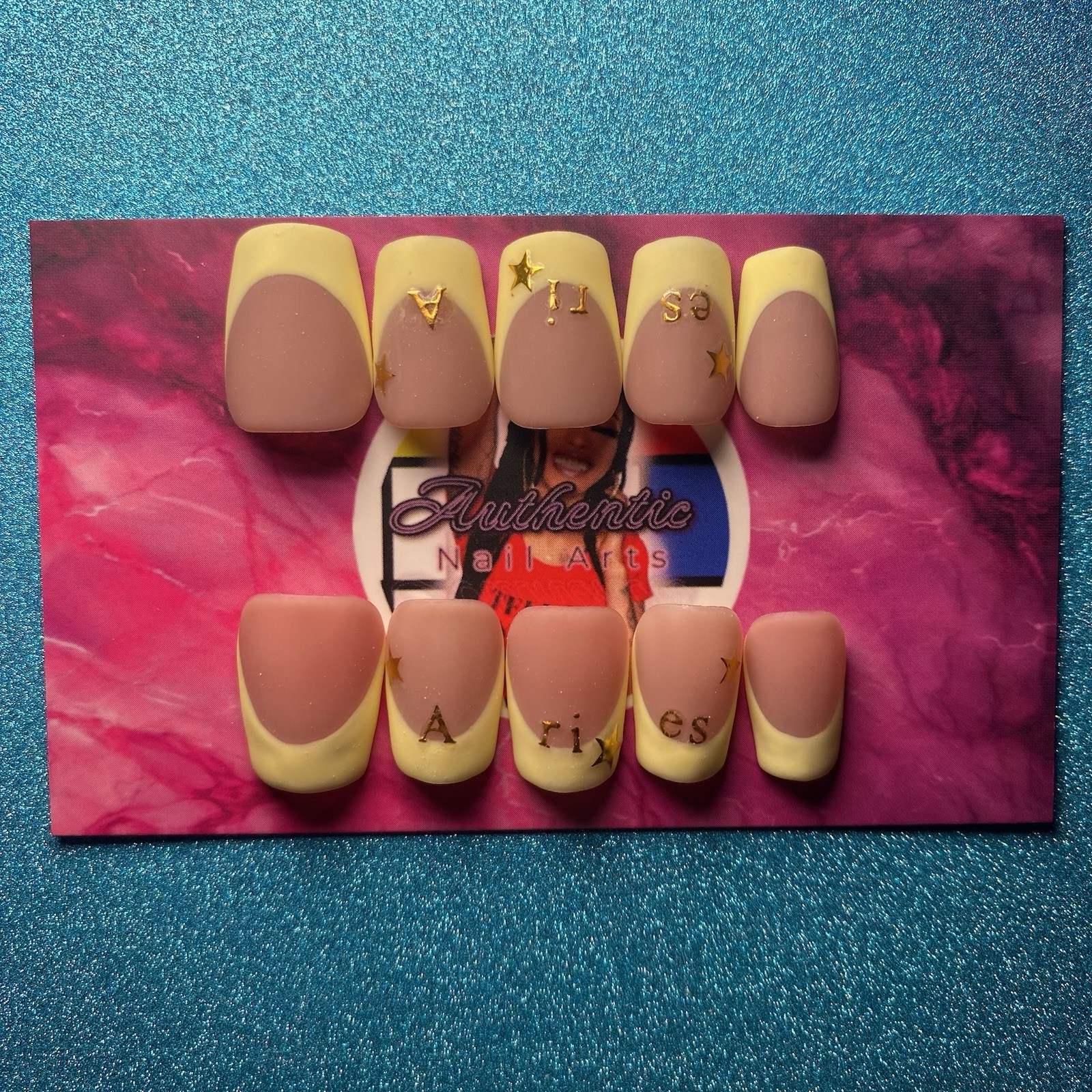Authentic Nail Arts by Dia Square Press-On Nails Nude Yellow French 3D Zodiac