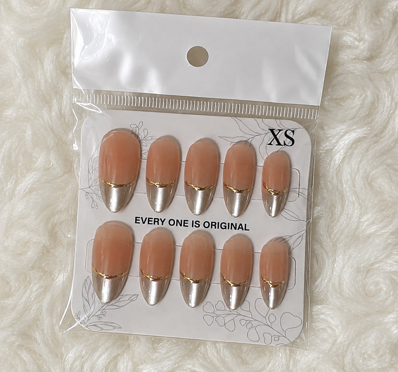 Almond Nude Gold French Tip Press On Nails with Gold Line Accent – Extra Small