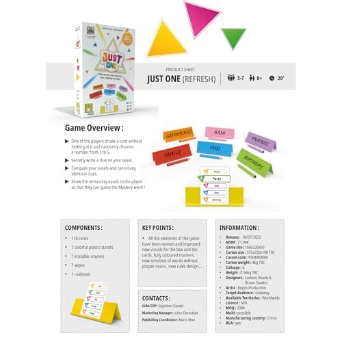 Asmodee Just One Party Game (2025 Refresh) 2.1 x 6.3 x 0.1 inches, Multicolor