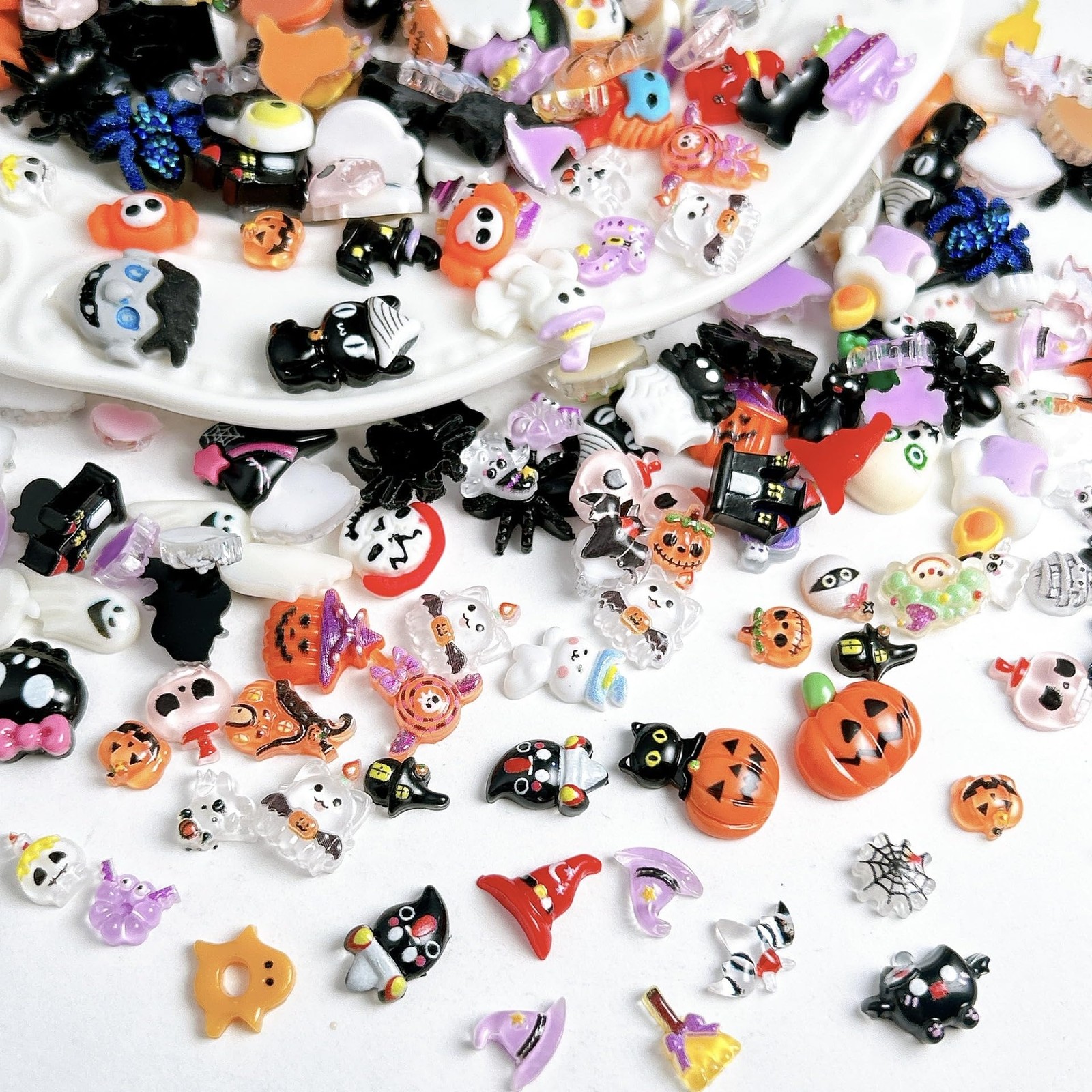 50Pcs Halloween Nail Charms Colorful Mini Cute Cartoon Nail Art Charms Bat Sp…