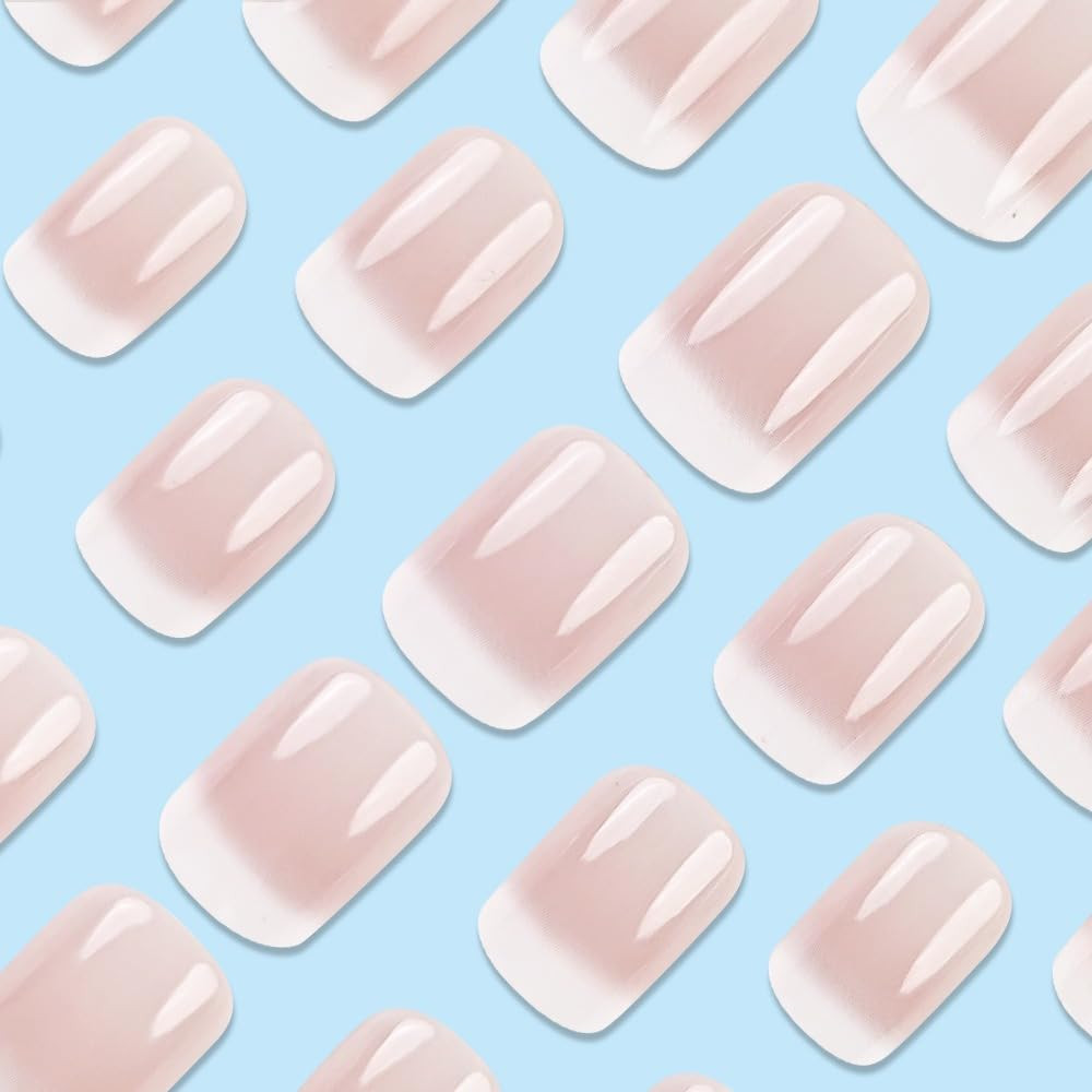 French Tip Press on Nails Short Square Fake Nails Pink White Gradient style1
