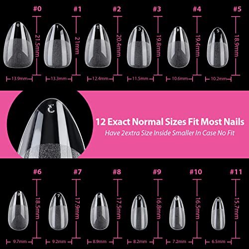 Fake Nails 216pcs Pre-shape Gel Acrylic Nail Tips for Full Cover Short Almond