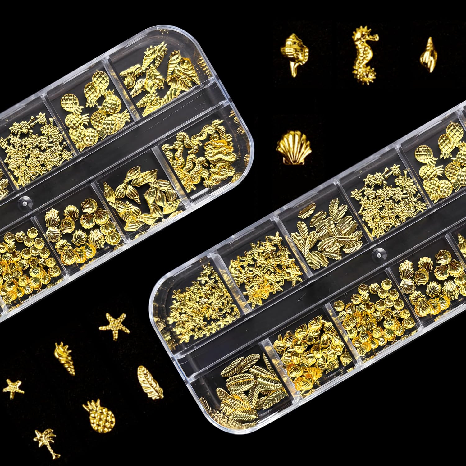 12 Grids 3D Metal Nail Art Studs Mixed Shapes Gold Shell Nail Charms Seahorse St