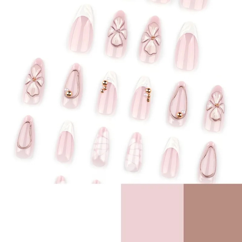 24pcs 3D Floral Press on Nails: French Almond Bow Pearl Fake Nails