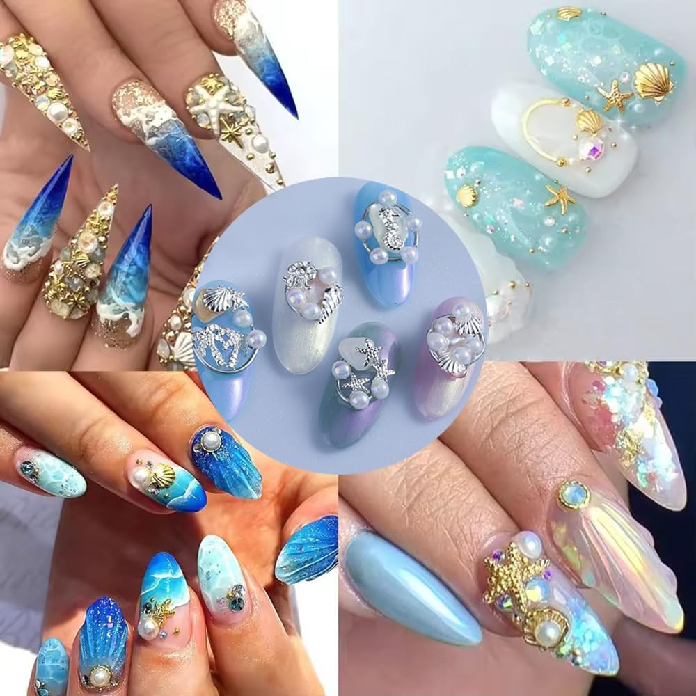 Nail Charms, 2Boxes Gold Silver Summer Ocean Nail Charms and Gems, Metal Small S