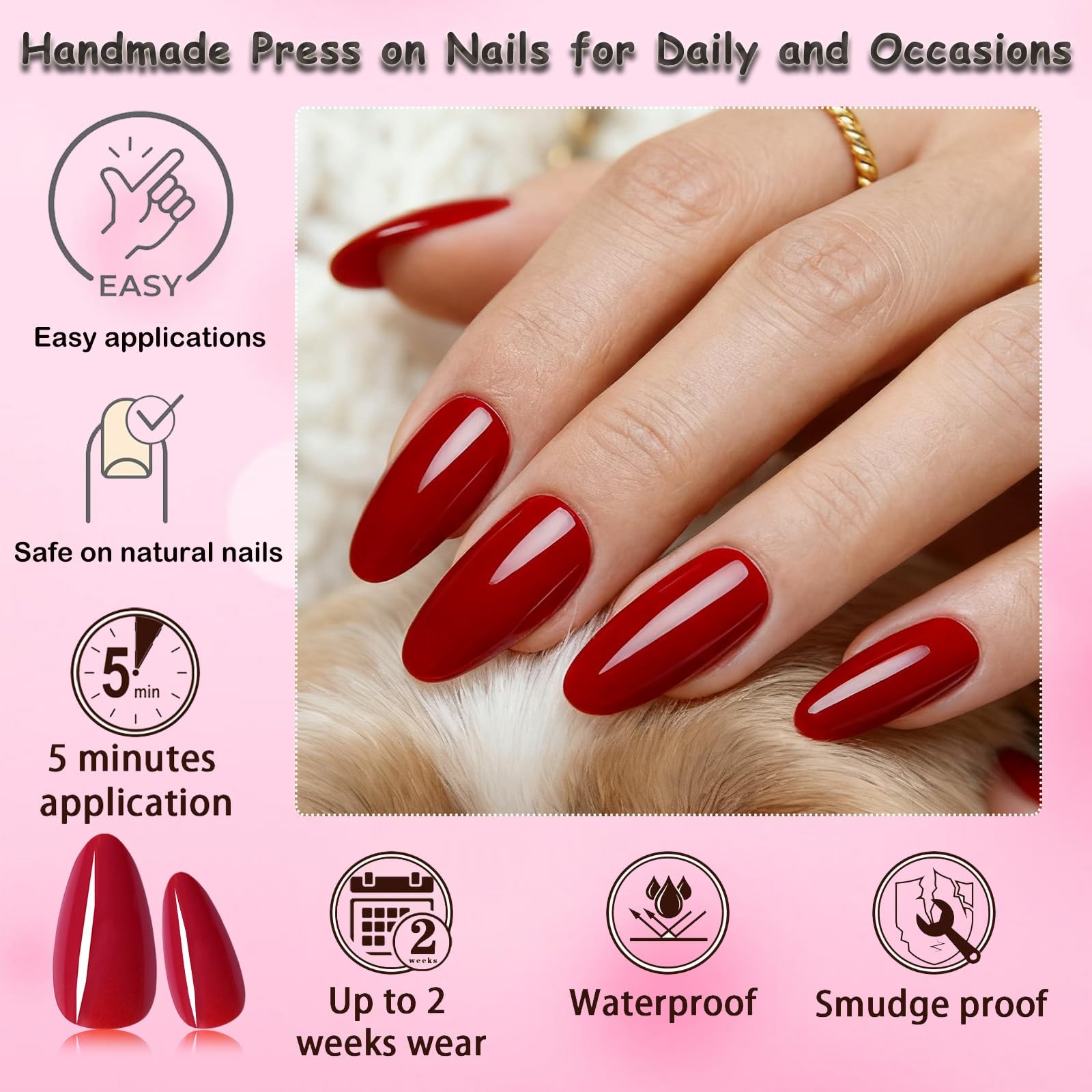 LoveOurHome 240pc Christmas Almond Press on Nails Medium 0-11, Burgundy Red