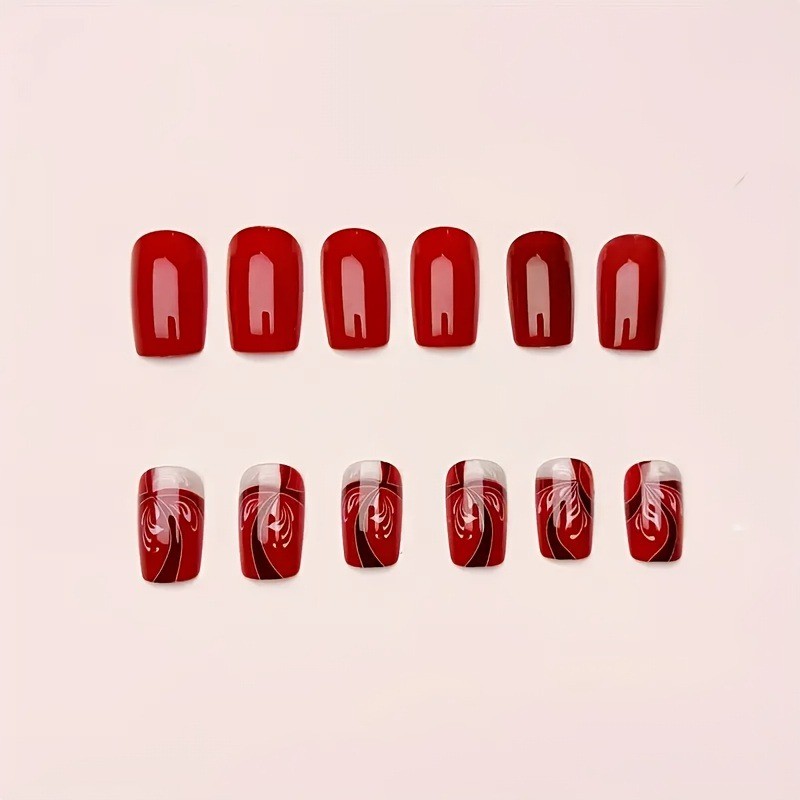 48 Pcs of Red and White Square Embossed Nails, Removable and Reusable Fake Nails