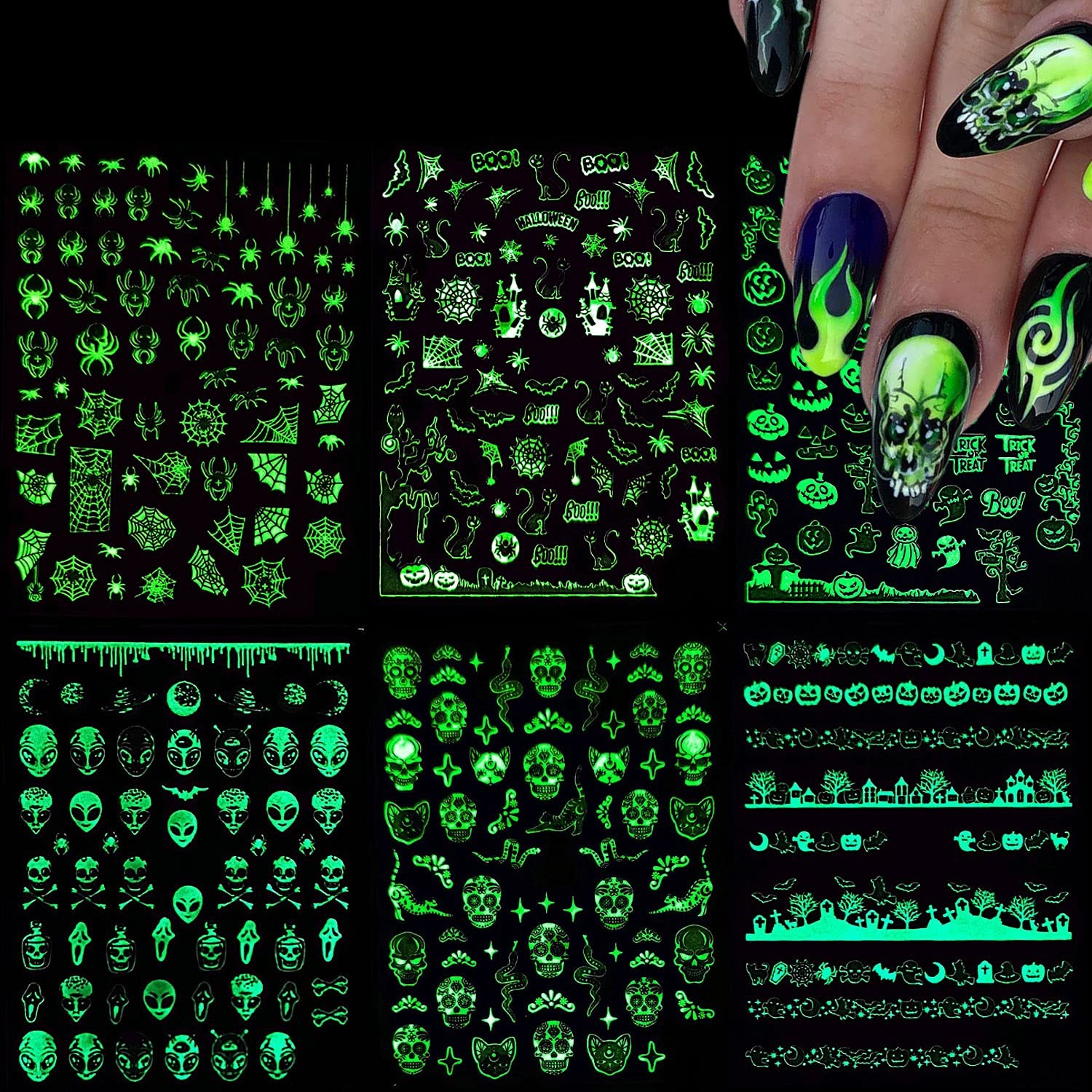 Halloween Nail Art Stickers, Luminous Design Glow in The Dark Multi