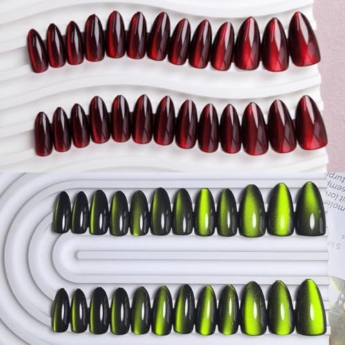4 Packs Gel Press On Nails Almond, Cat Eye Press On Nails Medium cateye almond