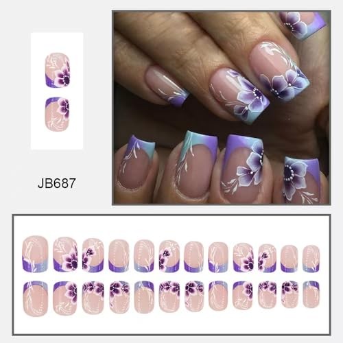 French Tips Press on Nails Purple Flower Fake Nails with Purple Ombre Flower