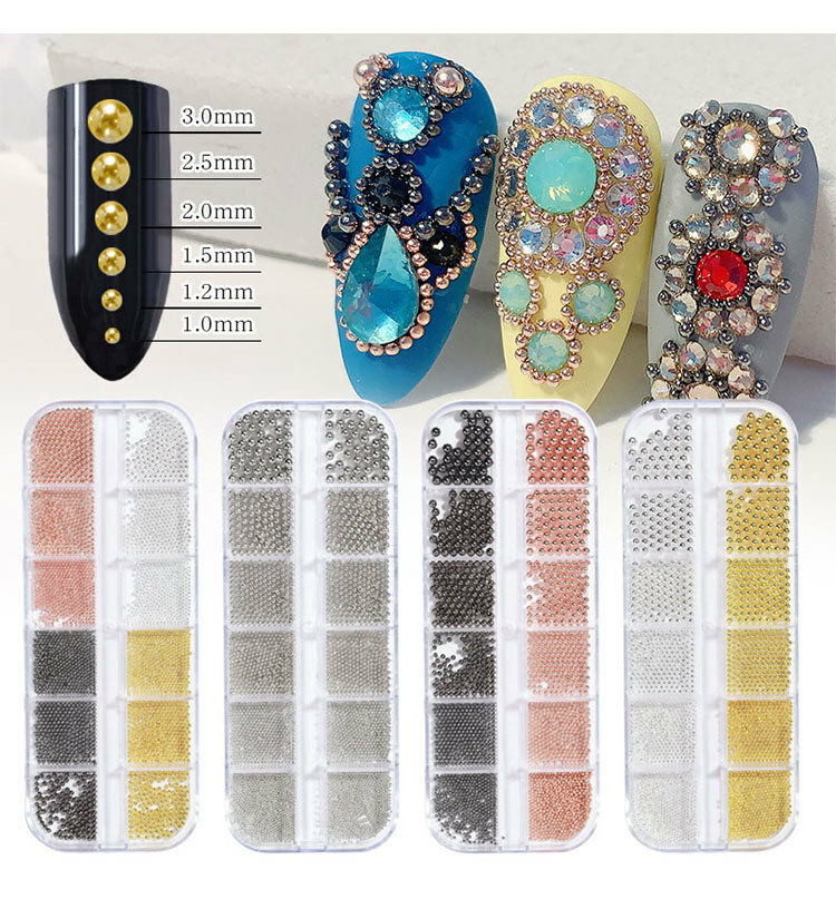 12 Grids Nail Art Mini Metal Caviar Beads 1.0-3.0mm Steel Beads 3D Design DIY