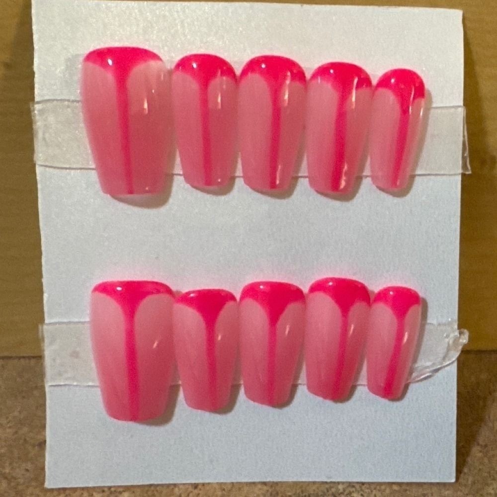 Hot Pink Drip Press On Nails Coffin Shape Handmade Glossy Pink Nail Set 10pc