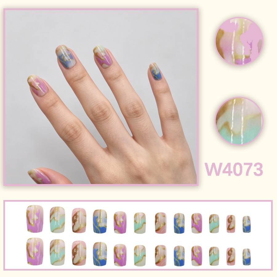 48Pcs-Medium Round Nude Pink Blue Purple Marble Foil Watercolor Press on Nails