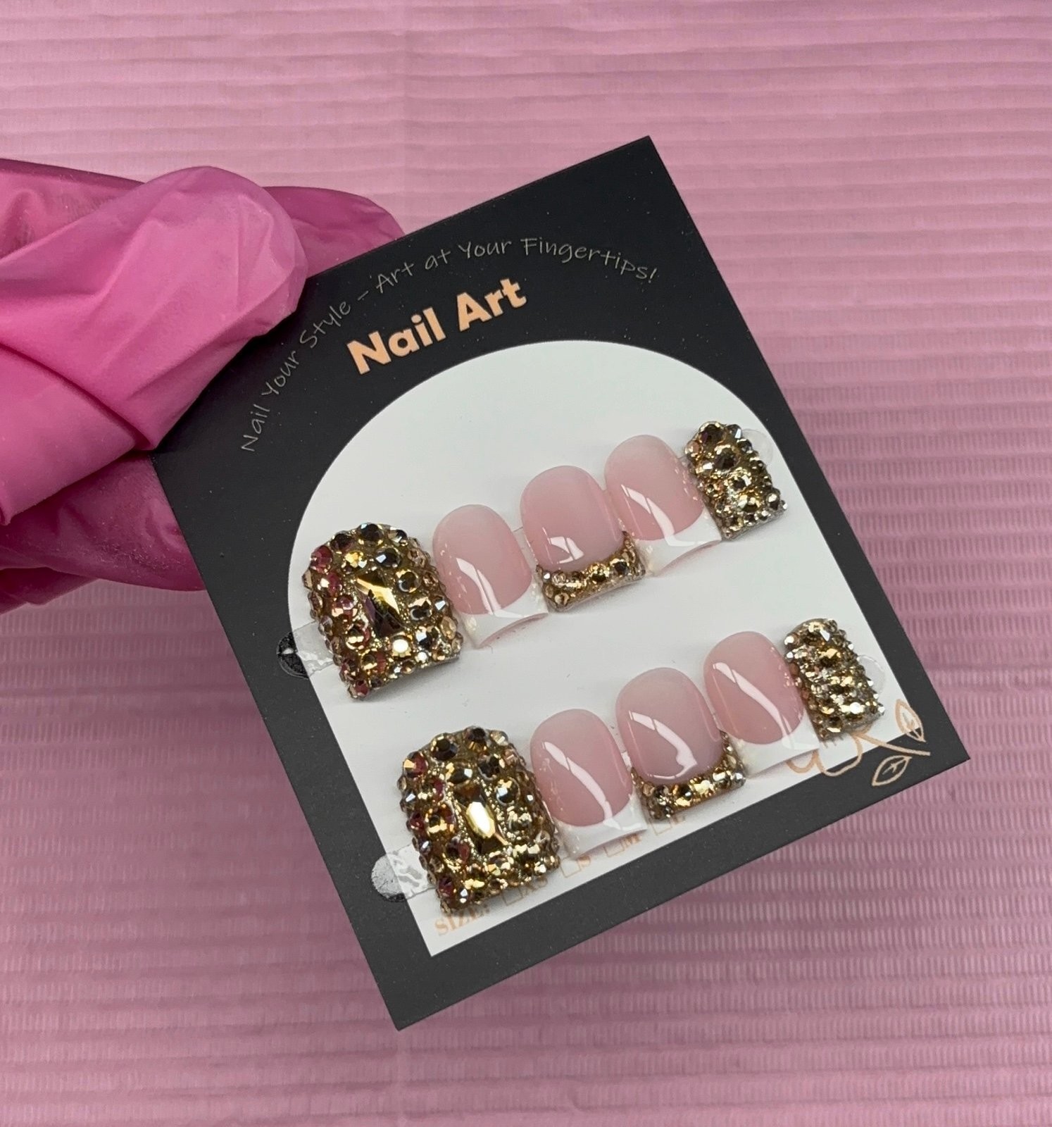 Extra Short square press on nails gold rhinestones white