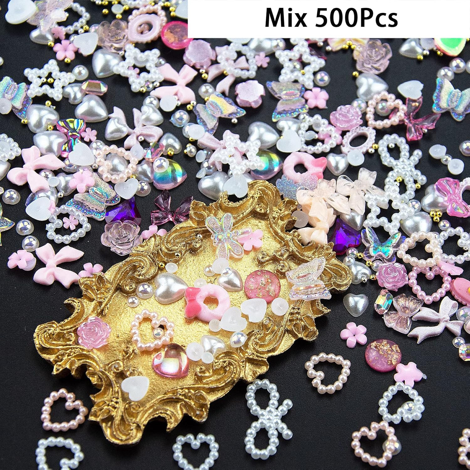 500 Pcs Assorted Pearls 3D Nail Charms Pink Color Multi Shapes Heart Flower Nail