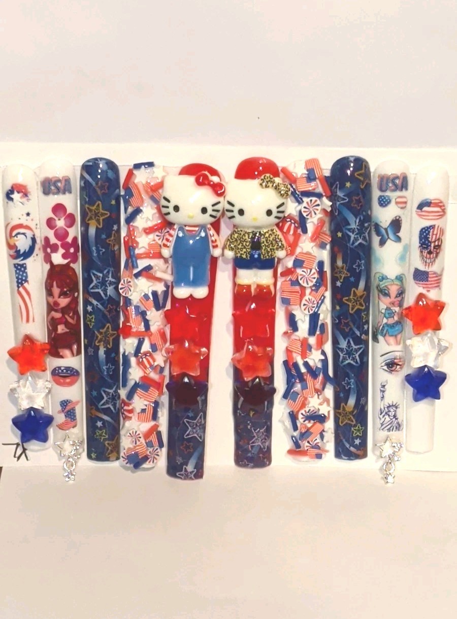 Hand Crafted Patriotic 6Xl Press-On Nails Set — Red,White & Blue Stars SZ XL