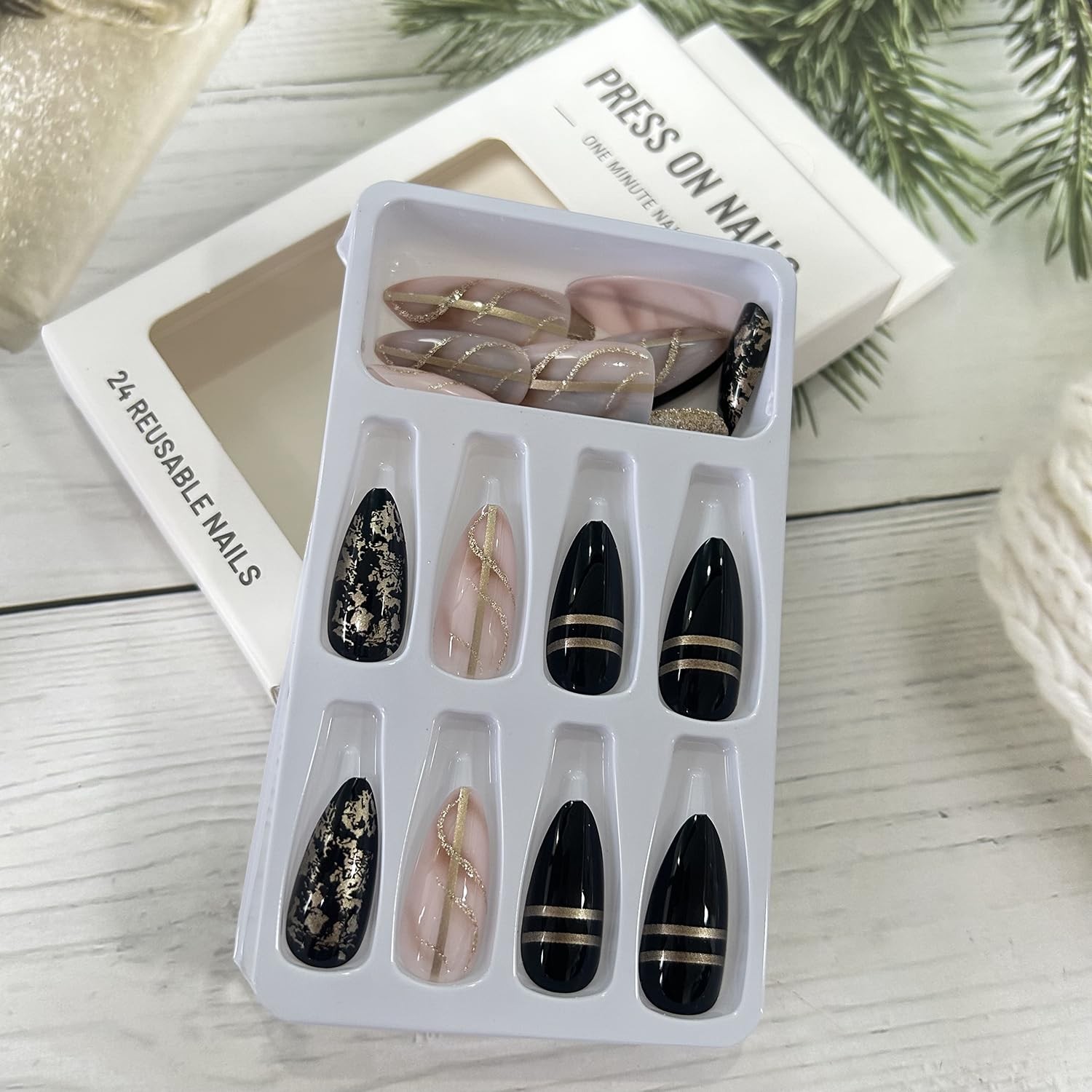 Black French Tip Press on Nails Almond Medium Artificial Acrylic Fake Nails w…