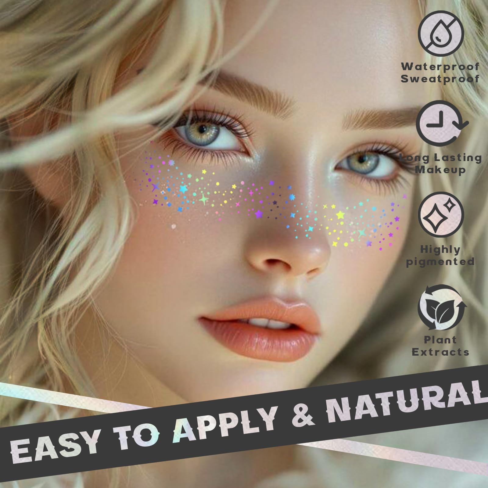 12pcs Holographic Multicolor Glitter Freckles Face Tattoo, Waterproof Sparkle…
