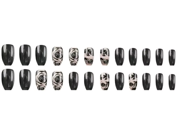 Rose Black Press-Glue On Fingernails Medium Reusable NEW