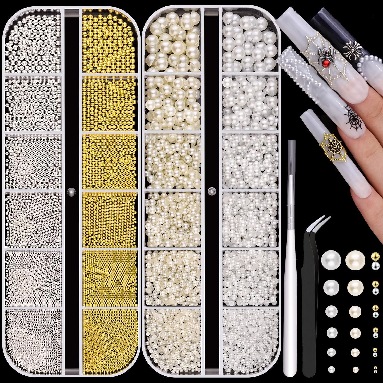 Luxurious Nail Art Set: Flatback Pearls & Metal Beads for Stunning Designs