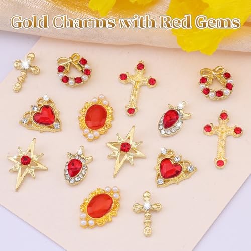 144Pcs Nail Charms and Gems, 3D Metal Heart Star Cross Red Nail Gold