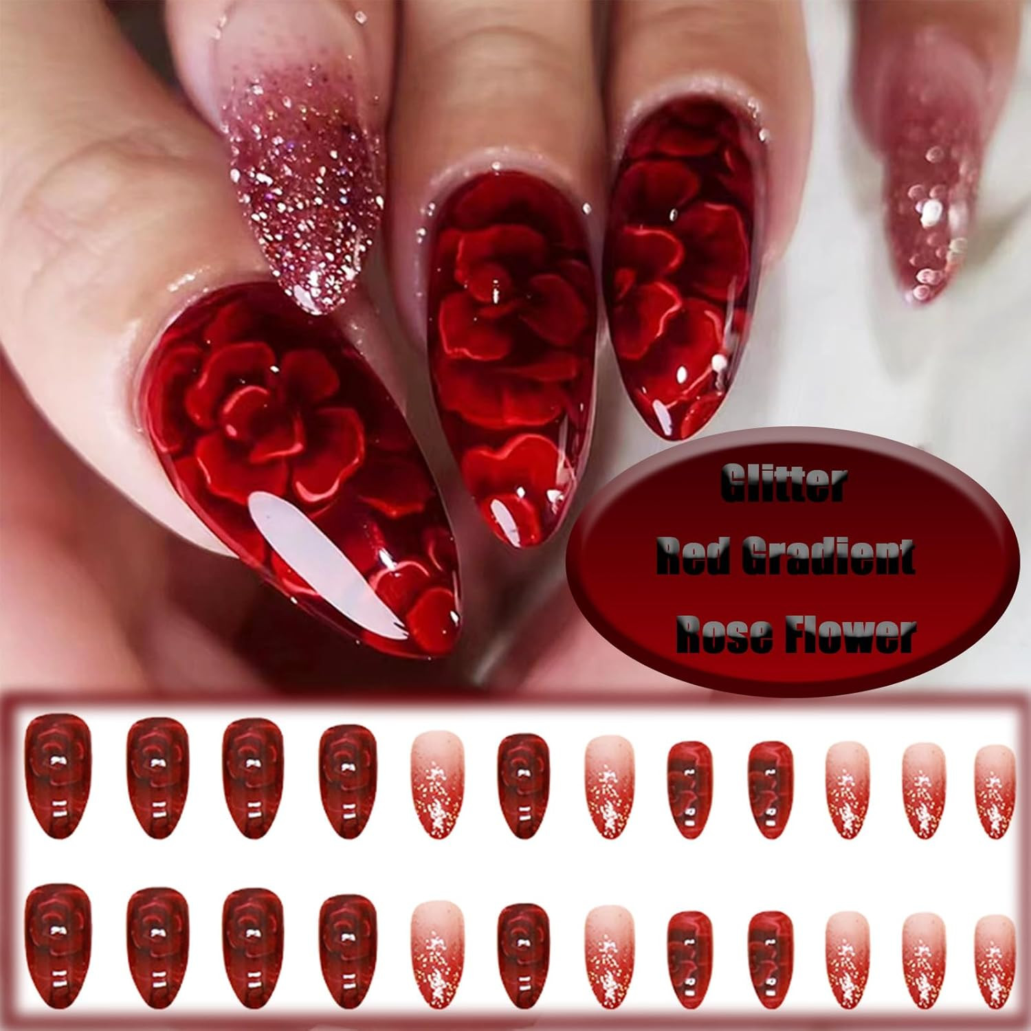 24Pcs Red Gradient Short Almond Press on Nails with Rose Flower Design, Glossy G