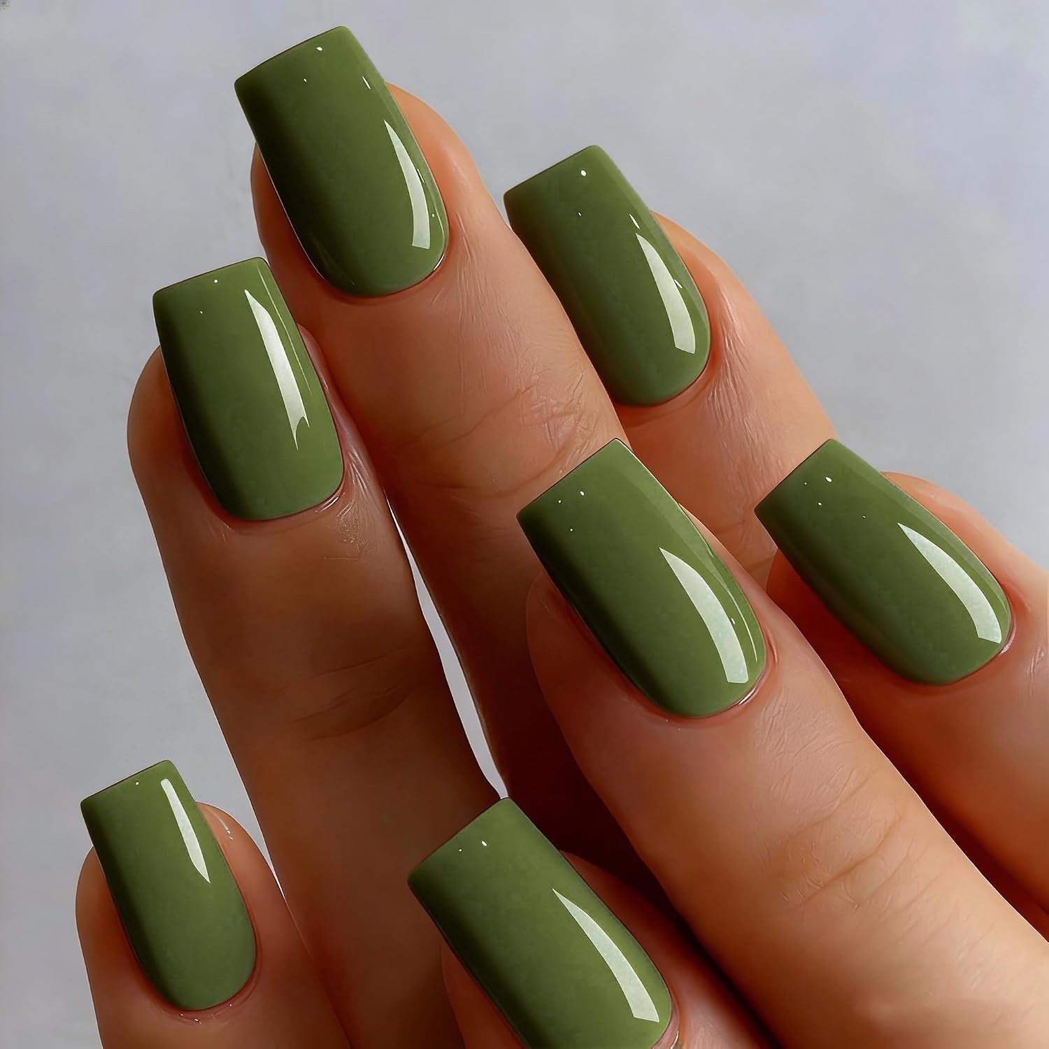 Olive Green Press On Nails, Glossy, Full Cover Acrylic, Reusable- 28 Pcs.