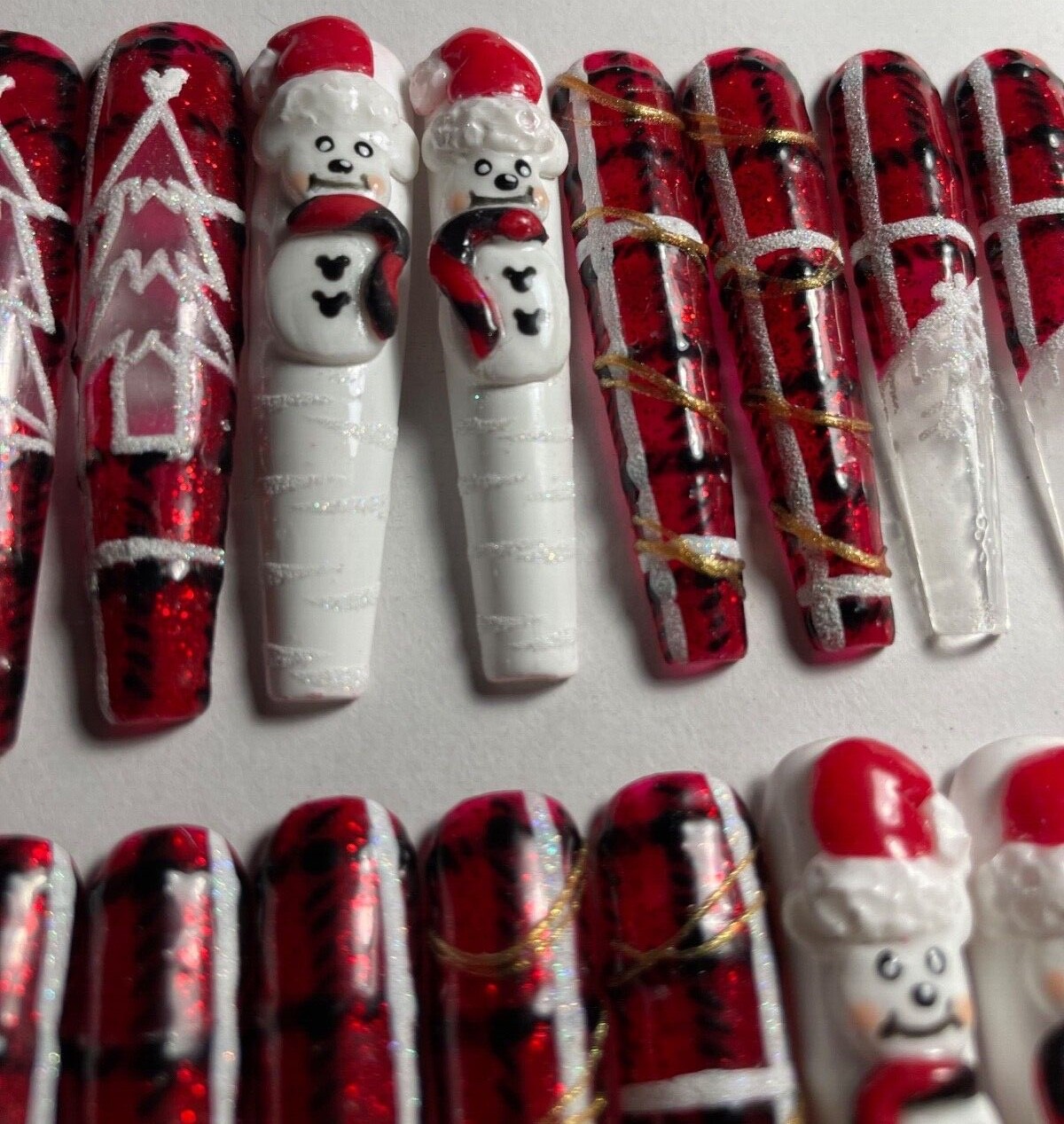 press on nails custom 24 3XL Christmas tree snowman 3-D coffin plaid red sparkle
