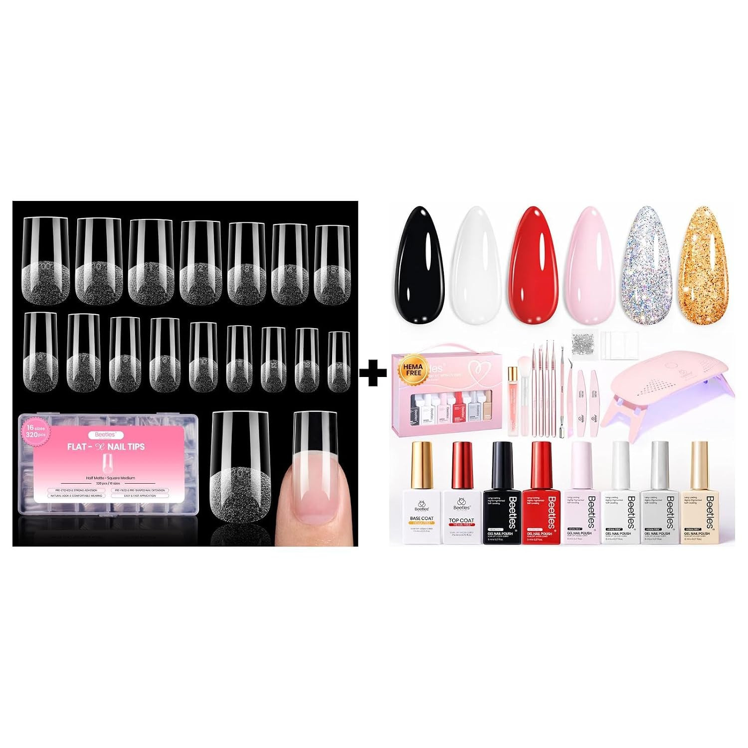Gel Nail Tips Flat-X- Square Medium, 320Pcs 16 Sizes(00-14), Pre-Etched Half Mat