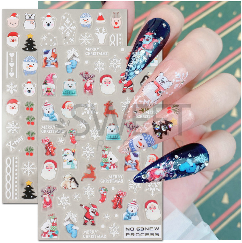 Nail Stickers Thin Waterproof Christmas Snowflakes Santa Reindeer Bear 3D NS39