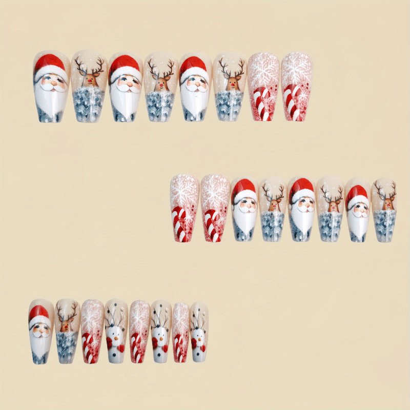 48P Long Coffin Press on Nails, Silver Glitter Santa Reindeer Holiday Fake Nails