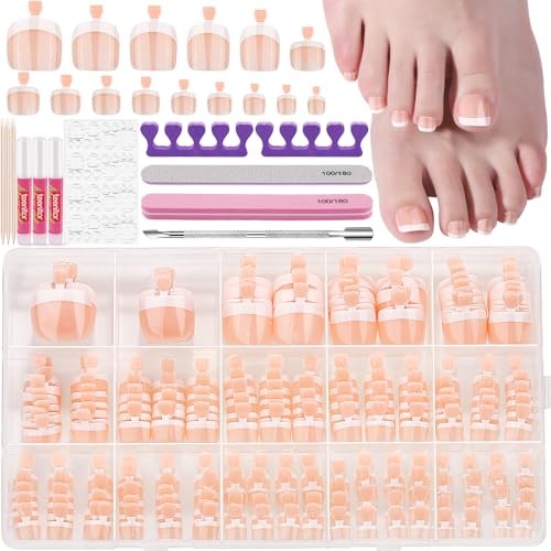 Press on Toenails for Women, 240pcs 15 Sizes of French Tip White French Nude