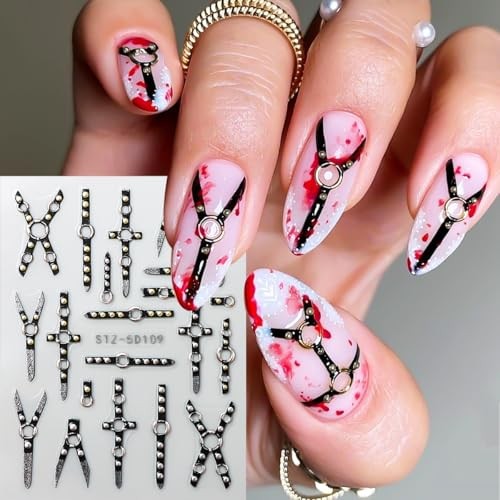 4 Sheets Black Punk Belt Nail Stickers Decals Goth Nail Charms 5D Embossed