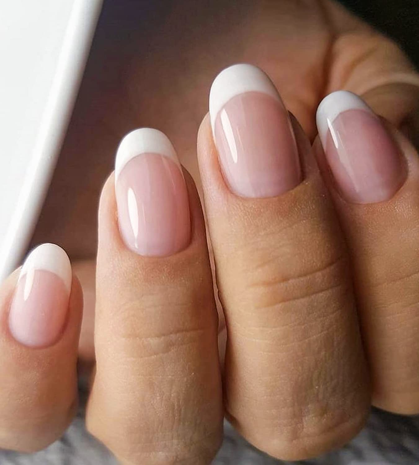 French Tip Press On Nails Short Clear Nude Oval Designs False Nail White Edge…