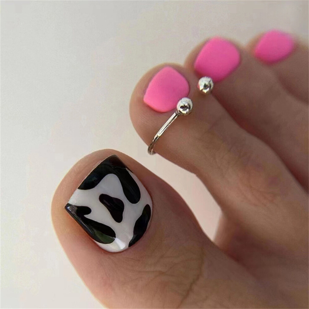 Glossy Pink False Nail Animal Print Short Toe Press on Nails for Nail Art 24pcs