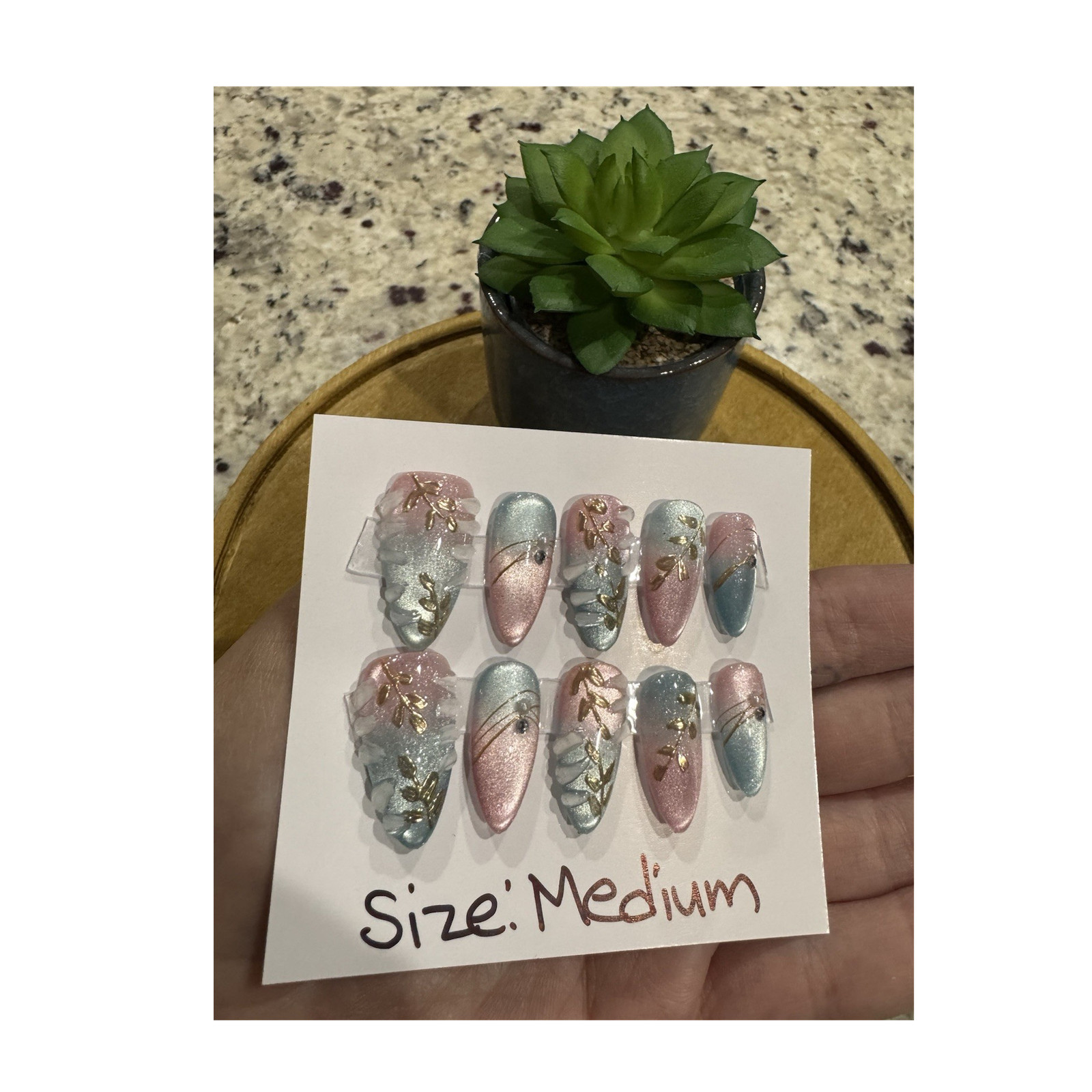 Medium Almond Press-On Nails Pink Blue Gold 3D Shiny Floral Full Cover