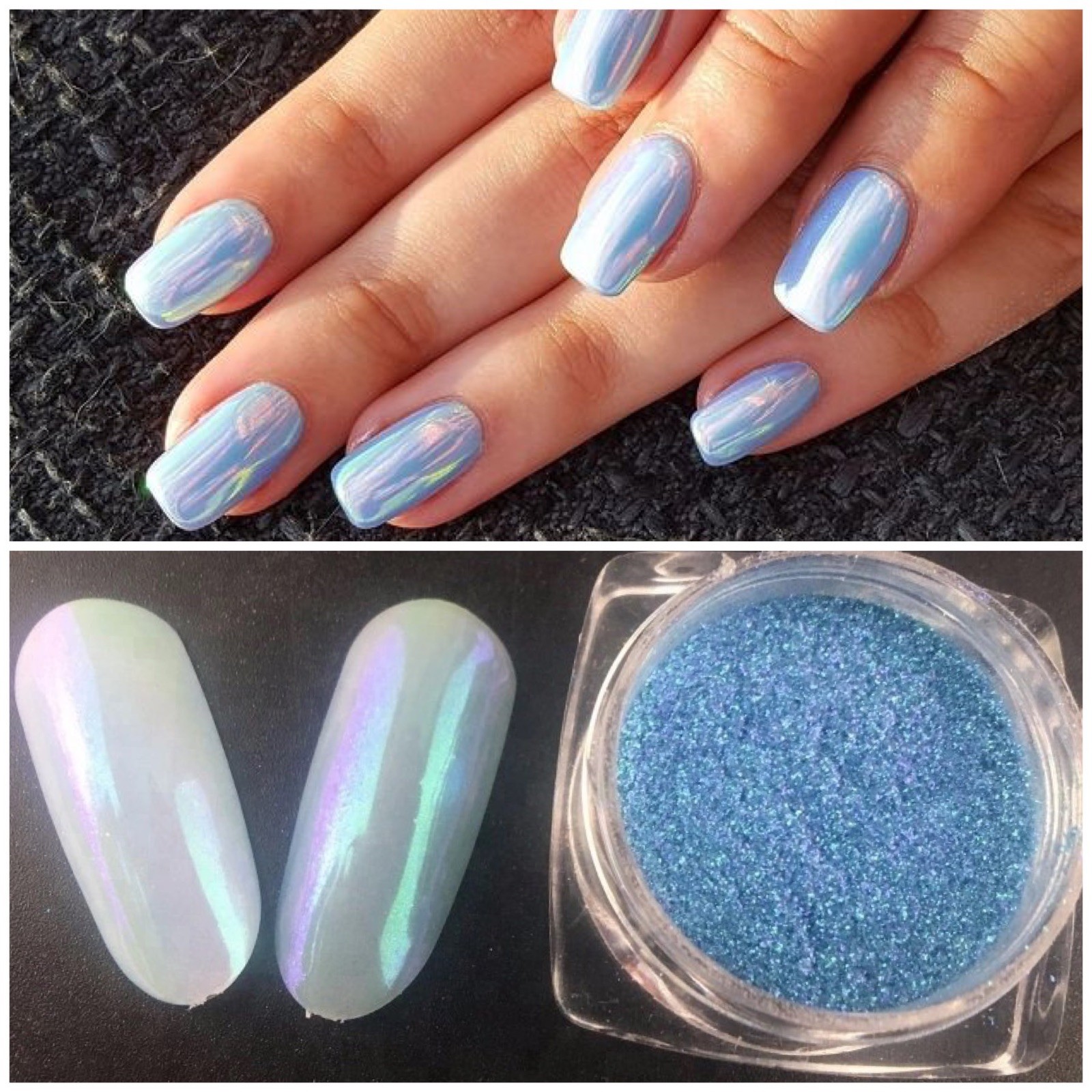 Aurora Candy Light Blue Chrome Nail Powder Pastel Unicorn Mirror Rainbow Effect