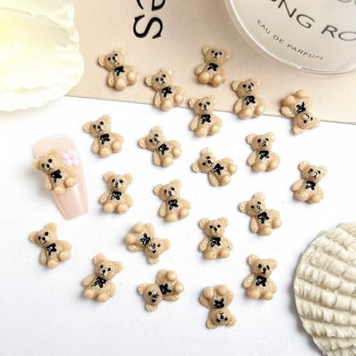Cute Nail Charms Nail Art Charms 3D Resin Bear with Black Bow Nail Brown Bear