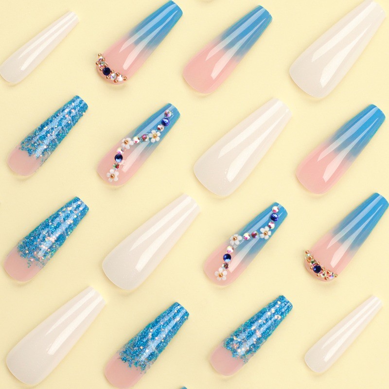 48P-Blue Pink Ombre 3D Flower Stiletto Press on Nails Color Rhinestone Fake Tips
