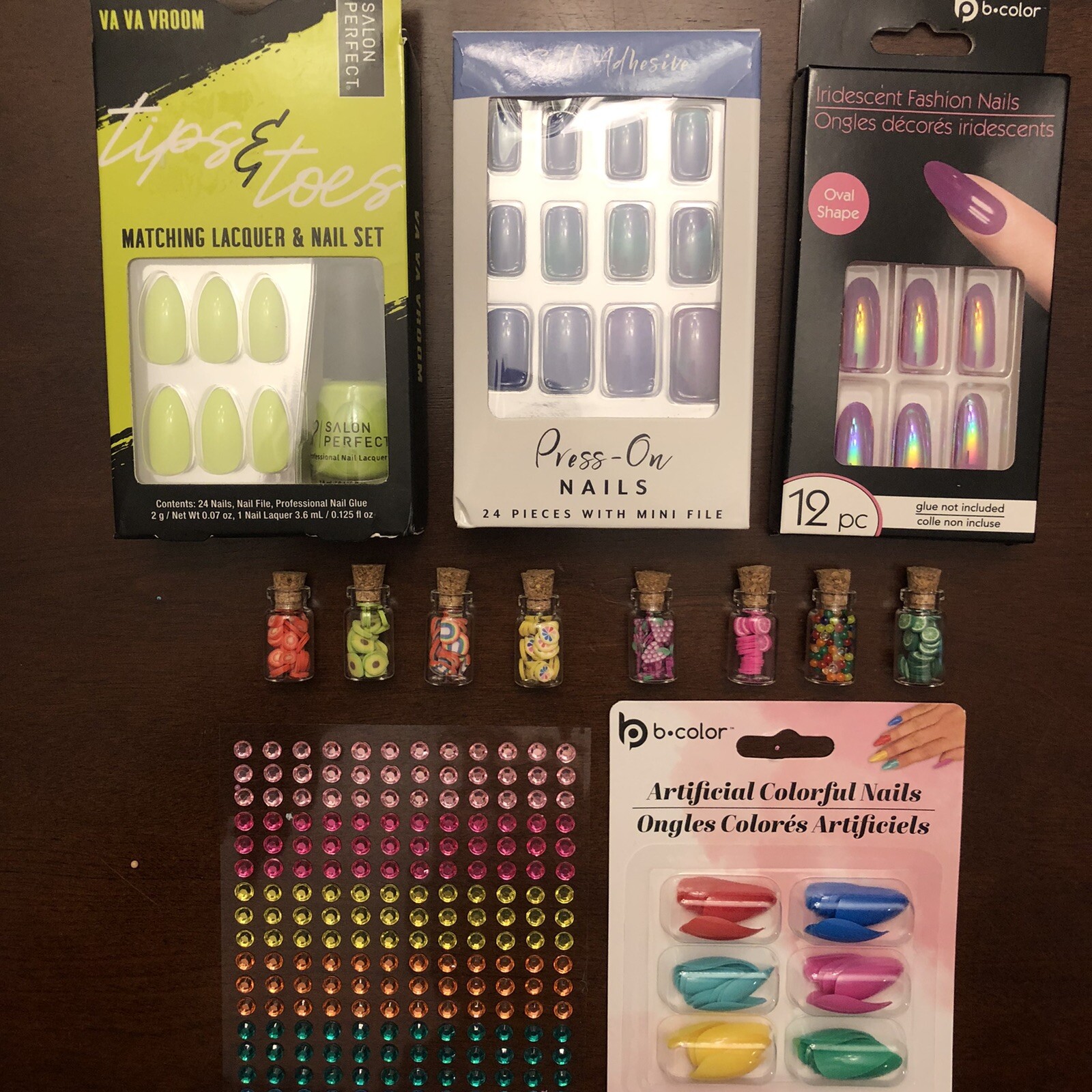 NAIL ART LOT 4X PRESS ON NAILS Adhesive Gems Food Miniatures Acrylic Jewels Jars
