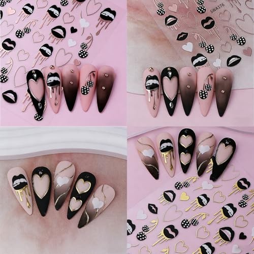 4 Sheets Sexy Black Lips Nail Stickers Golden&Rose Gold Nail Decals Heart Dark