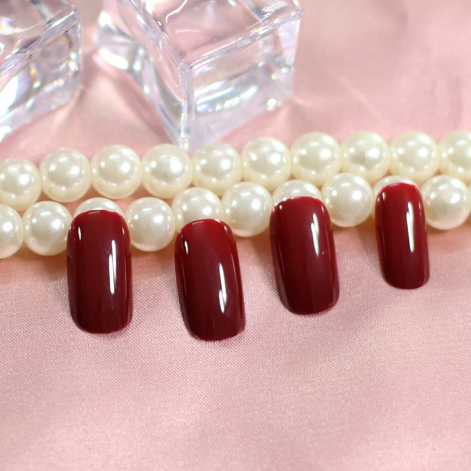 Glossy Dark Wine Red Press on Nails,Short Squoval False Nails,Beauty Solid Co…