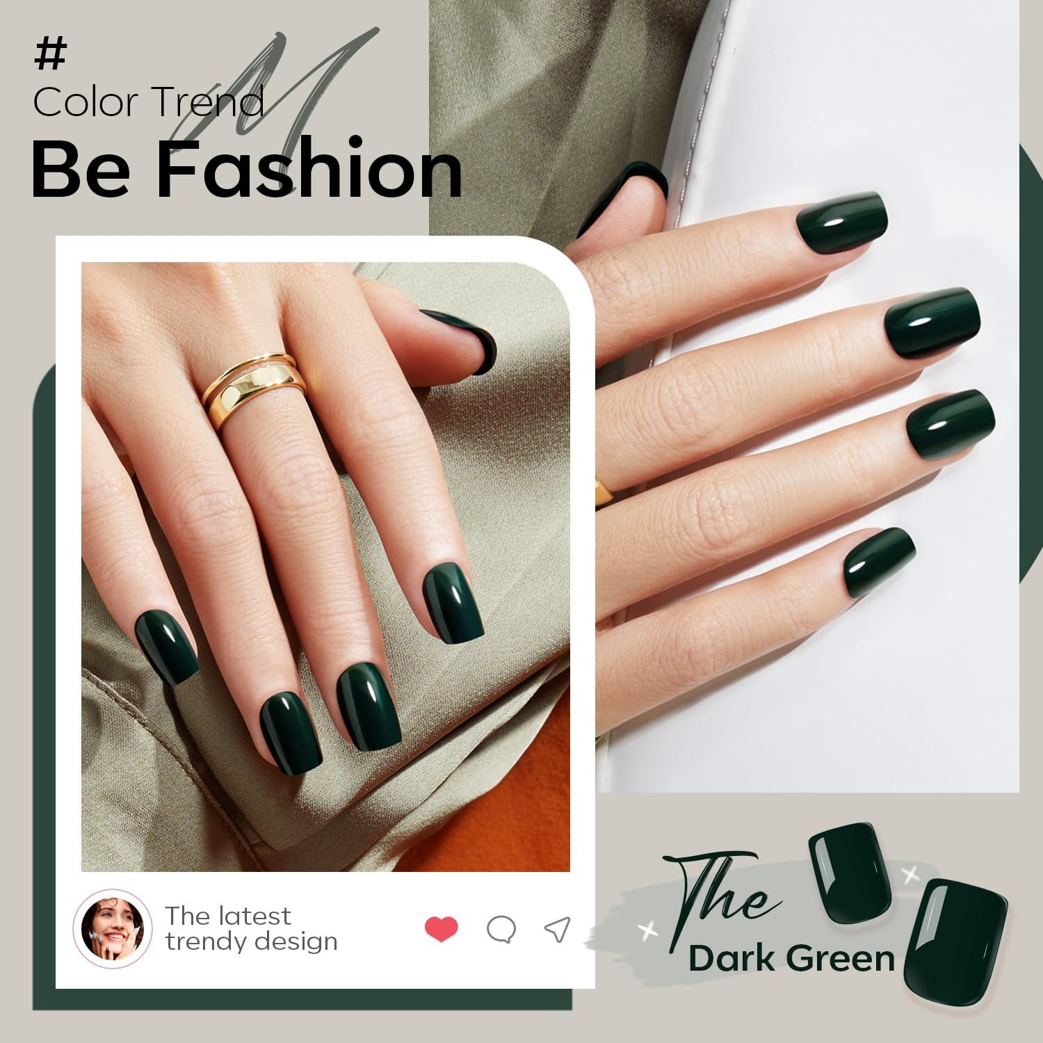 Dark Green Press on Nails, Short Square Fake Nails, Reusable Nail Kit with Na…