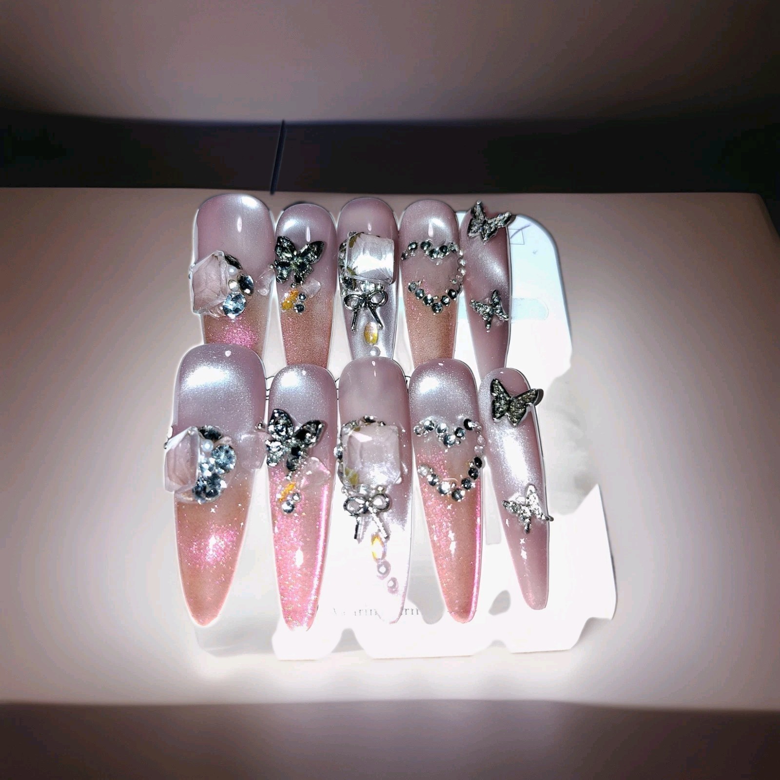Pink Rose Gold Cat Eye 3D Butterfly Bow Long Almond Press-On Nails Full Cover