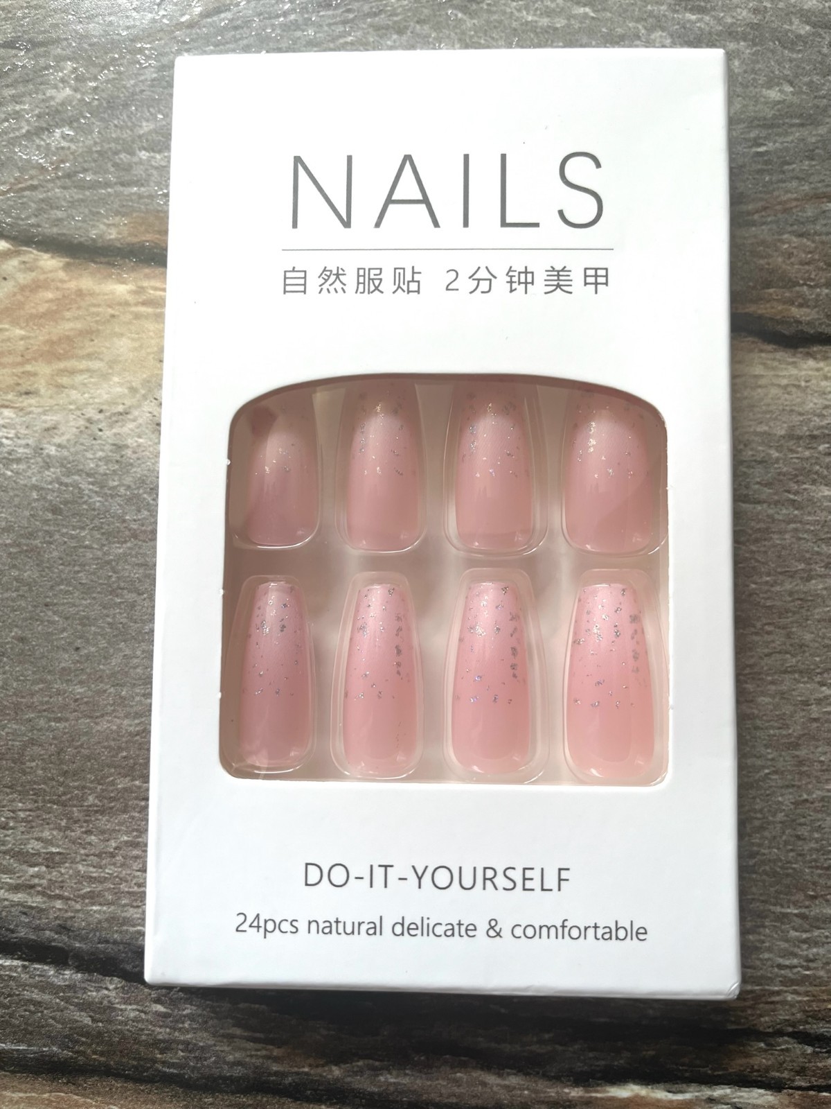 Light pink with Silver Glitter Tips Artificial Fake Press Fingernails Set of 24